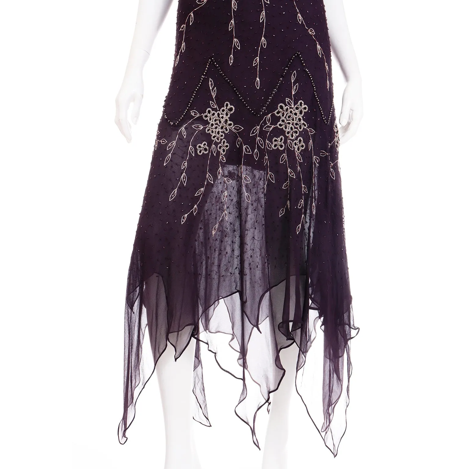 1990s Purple Beaded Vintage Handkerchief Hem Evening Dress