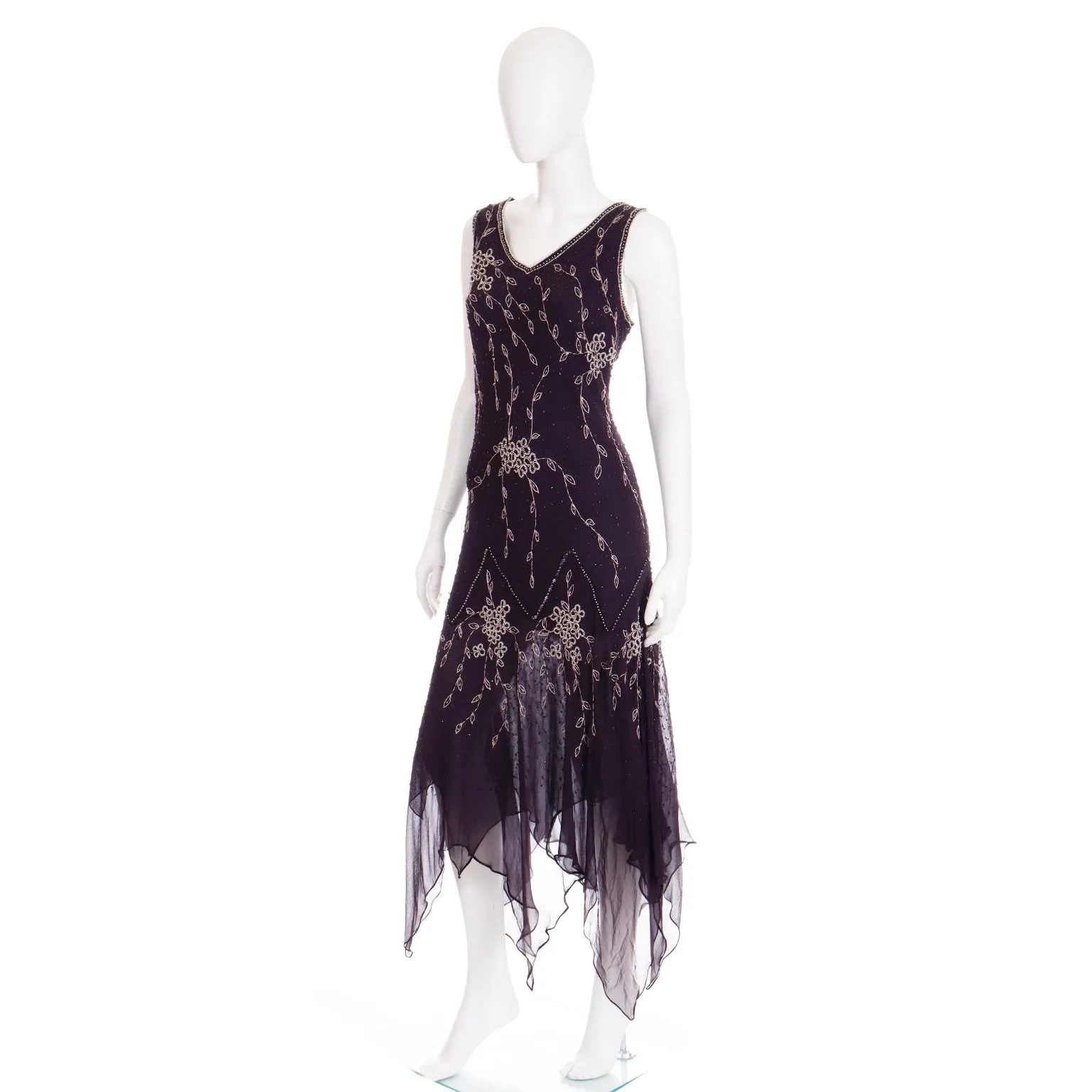 1990s Purple Beaded Vintage Handkerchief Hem Evening Dress