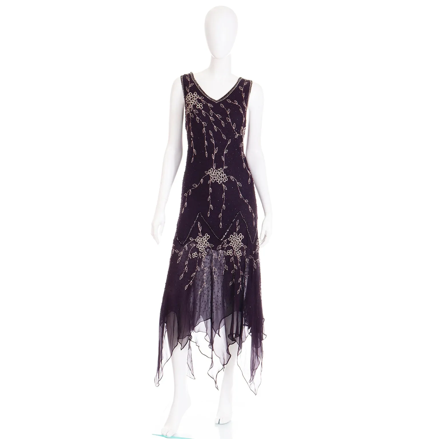 1990s Purple Beaded Vintage Handkerchief Hem Evening Dress