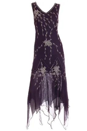 1990s Purple Beaded Vintage Handkerchief Hem Evening Dress
