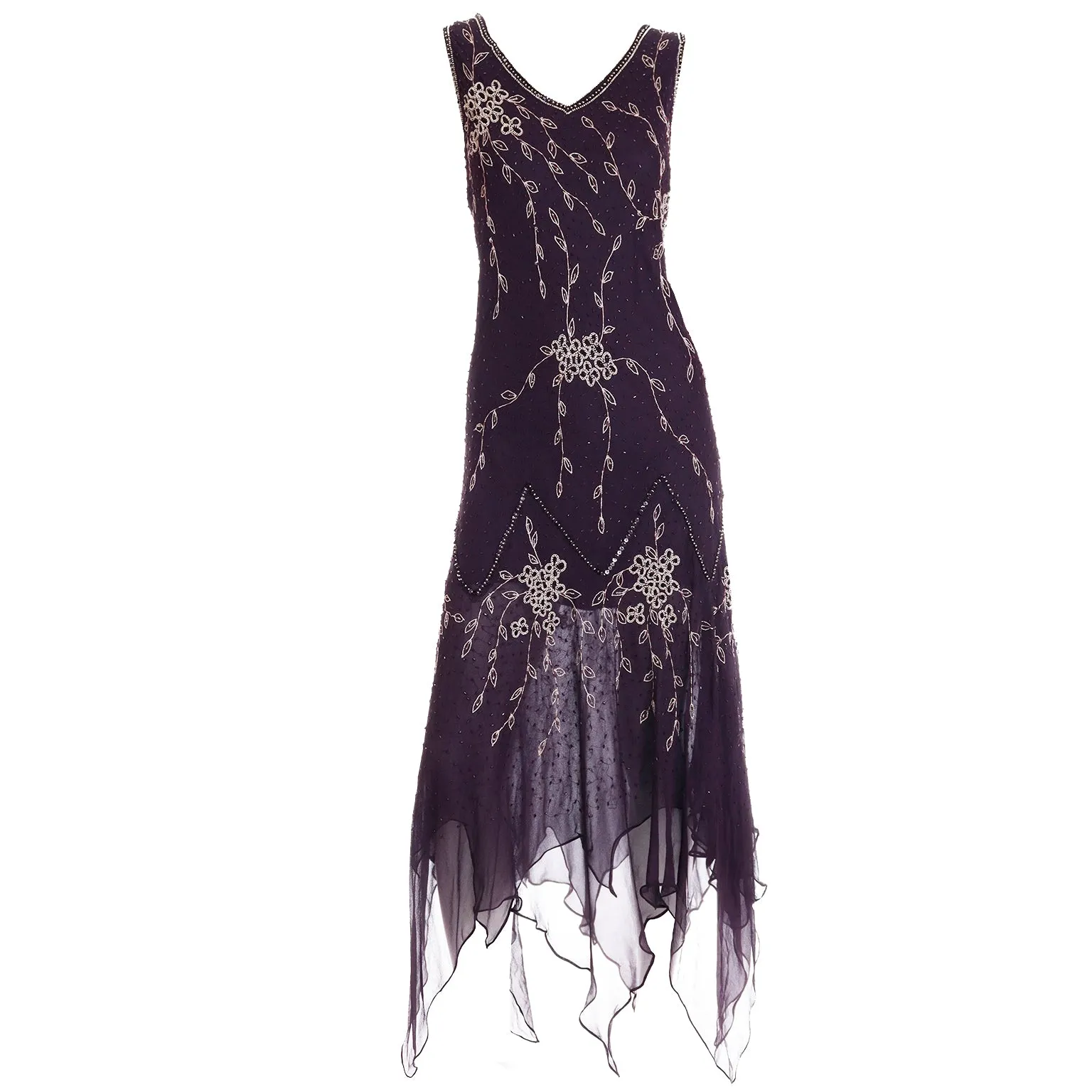 1990s Purple Beaded Vintage Handkerchief Hem Evening Dress