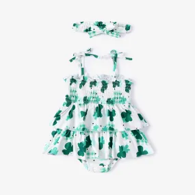 2pcs Baby Girl St. Patrick's Day Green Clover Print Ruffled Romper with Headband