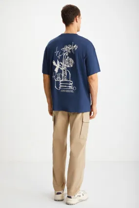 ALONZO Erkek Oversize Fit 0 Pamuk Nakışlı Ve Baskılı Lacivert T-Shirt