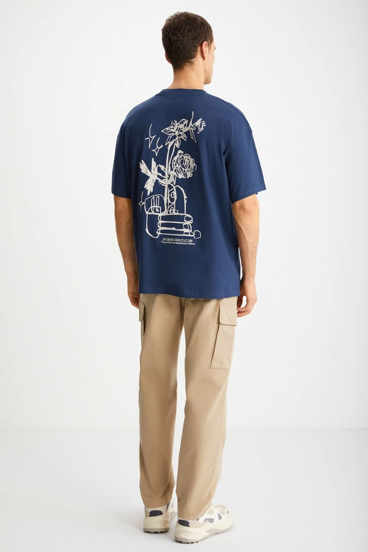 ALONZO Erkek Oversize Fit 0 Pamuk Nakışlı Ve Baskılı Lacivert T-Shirt