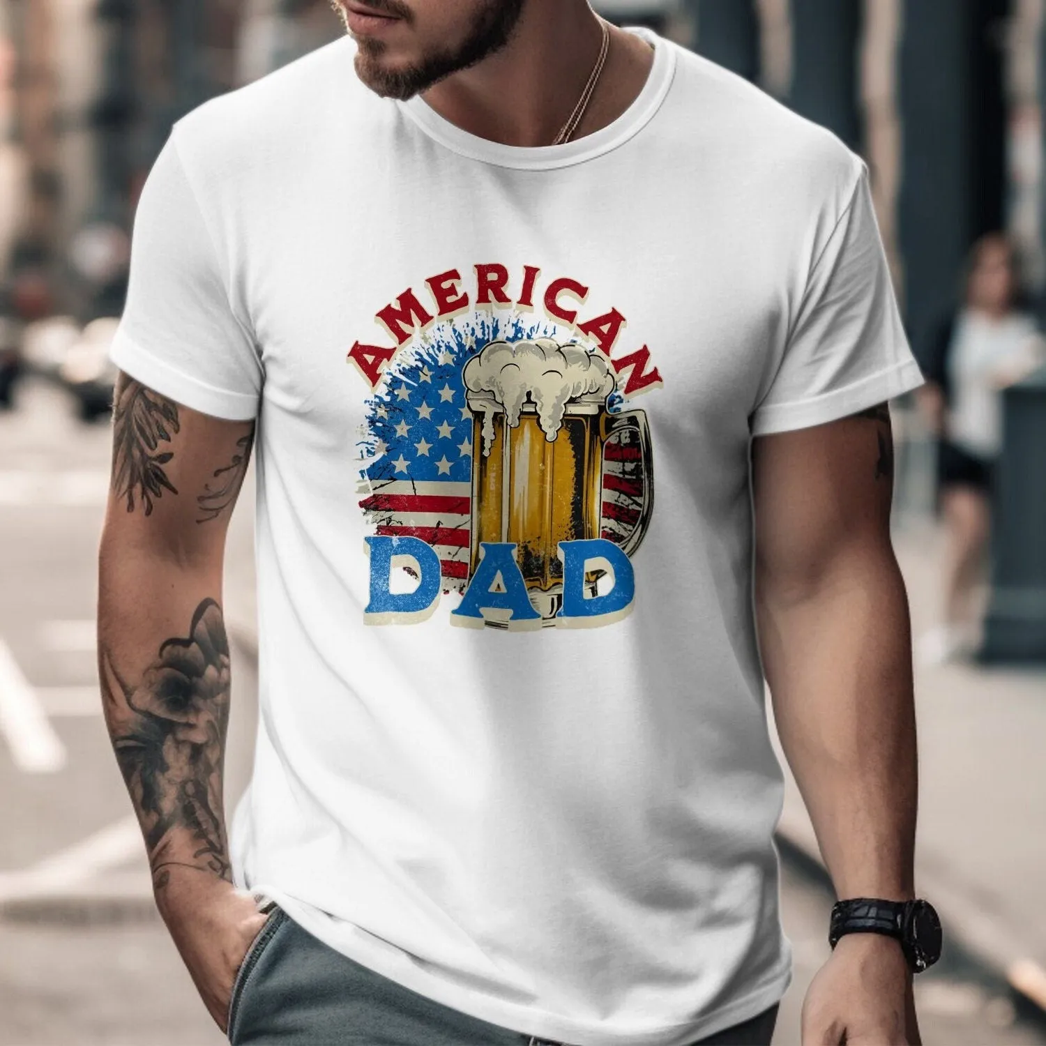 American Dad T-Shirt, Patriotic Father's Day Tee, Vintage Flag and Beer Glass Design, Gift for Dad