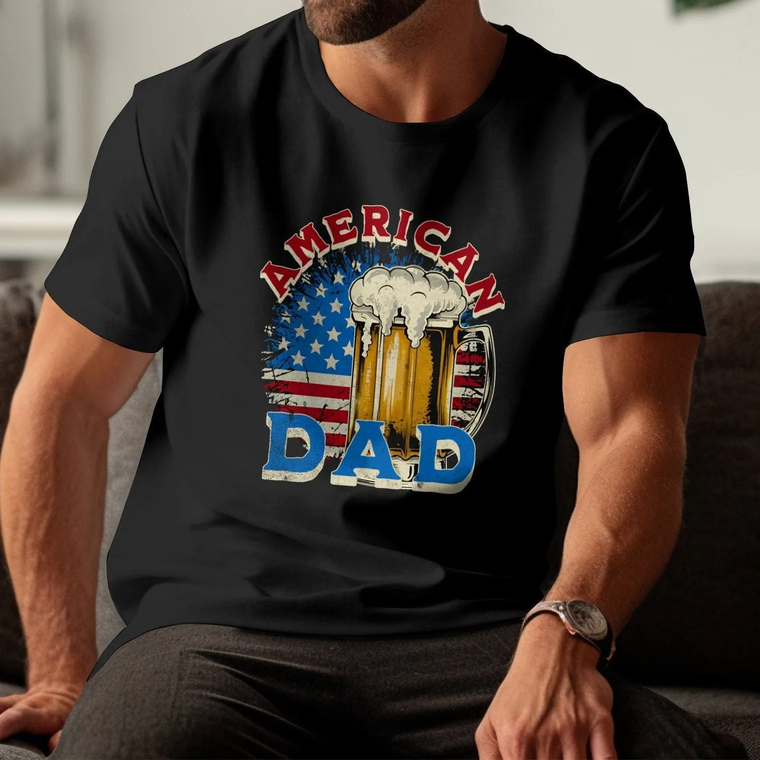 American Dad T-Shirt, Patriotic Father's Day Tee, Vintage Flag and Beer Glass Design, Gift for Dad