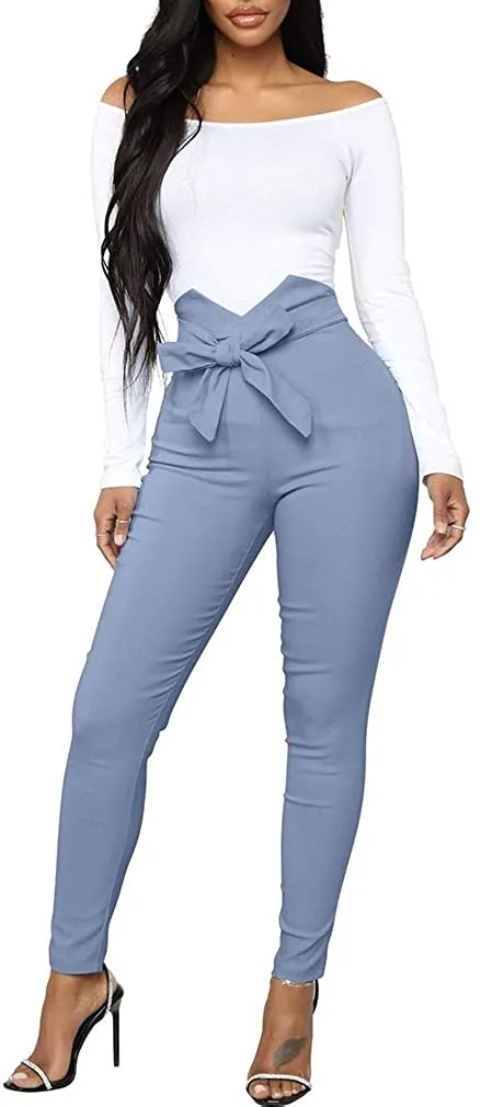 Ash Blue Front Tie High Waist Pants