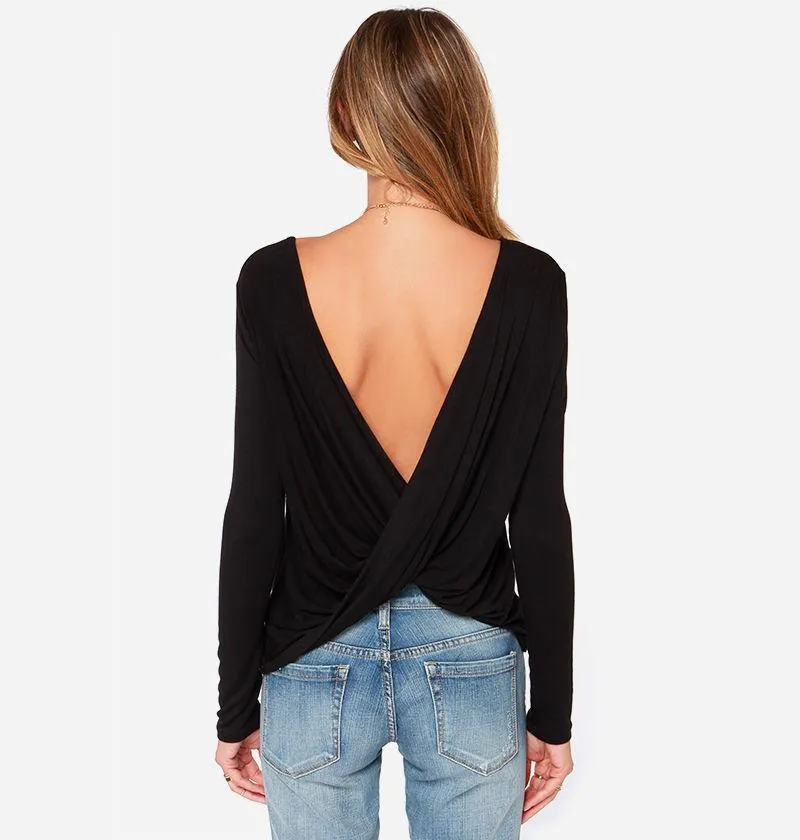 Backless Back Cross Scoop Long Sleeves Sexy Blouse