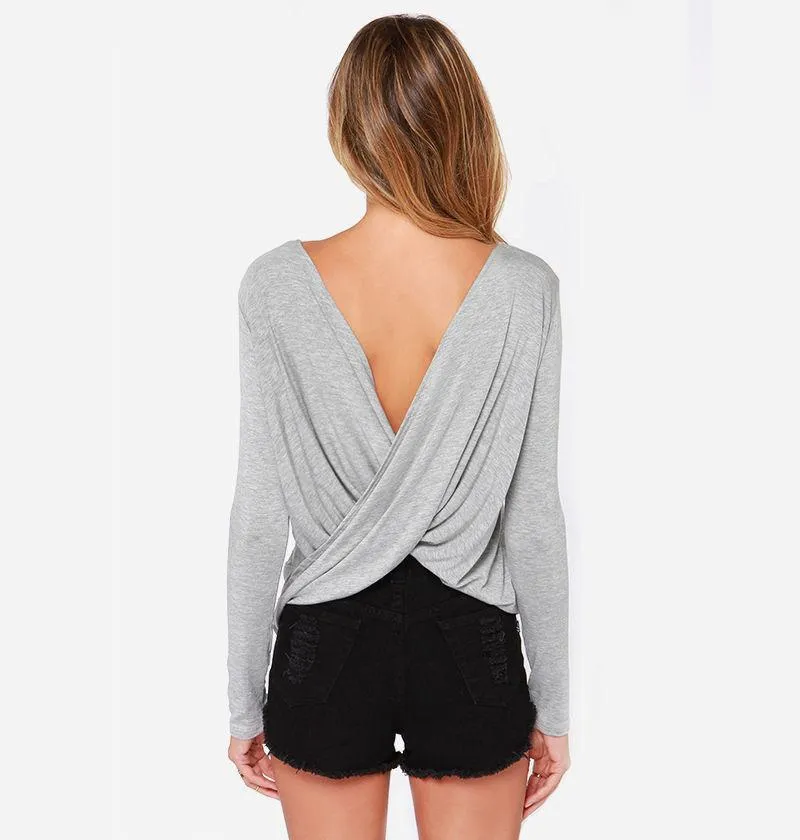 Backless Back Cross Scoop Long Sleeves Sexy Blouse