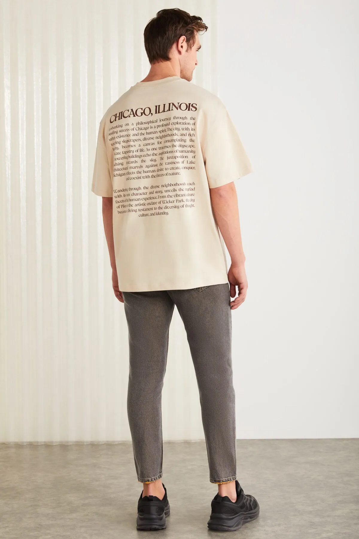 Barack Men's Back Printing Detailed Oversizle Fit Plenty Plenty 100 %Organic Cotton Knitting Short Arm Beige T-shirt