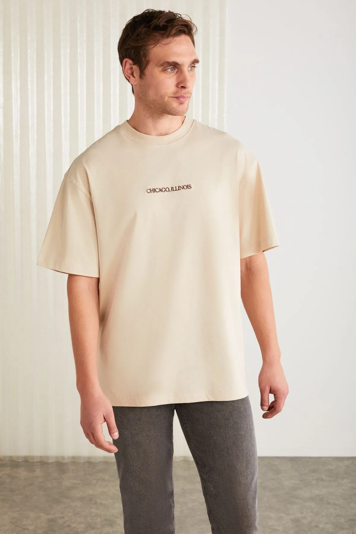 Barack Men's Back Printing Detailed Oversizle Fit Plenty Plenty 100 %Organic Cotton Knitting Short Arm Beige T-shirt