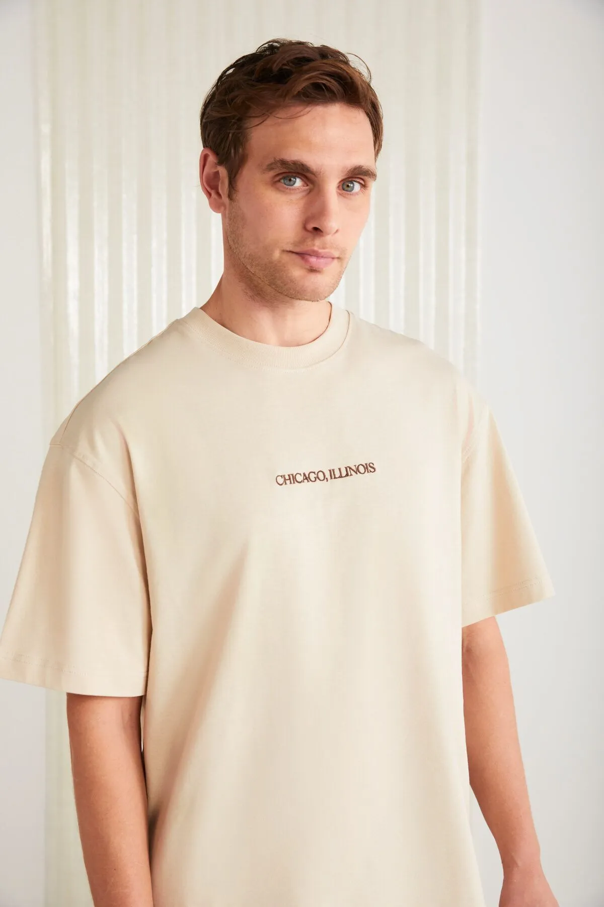Barack Men's Back Printing Detailed Oversizle Fit Plenty Plenty 100 %Organic Cotton Knitting Short Arm Beige T-shirt