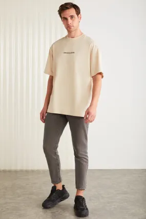 Barack Men's Back Printing Detailed Oversizle Fit Plenty Plenty 100 %Organic Cotton Knitting Short Arm Beige T-shirt