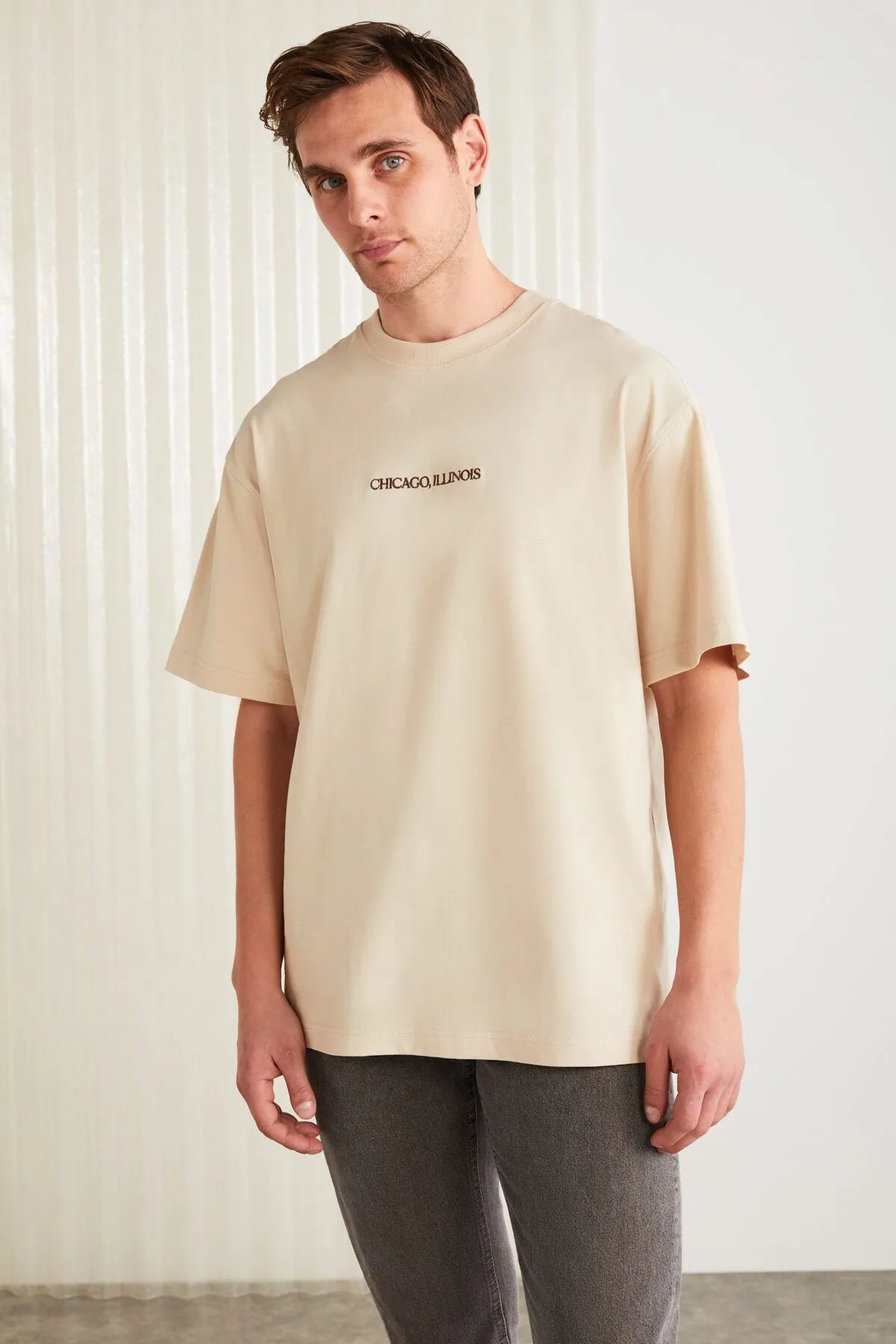 Barack Men's Back Printing Detailed Oversizle Fit Plenty Plenty 100 %Organic Cotton Knitting Short Arm Beige T-shirt