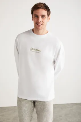 Benıto Men's Back Printing Detailed Oversiz 100 %Organic Cotton Knitting Short Arm White T-shirt