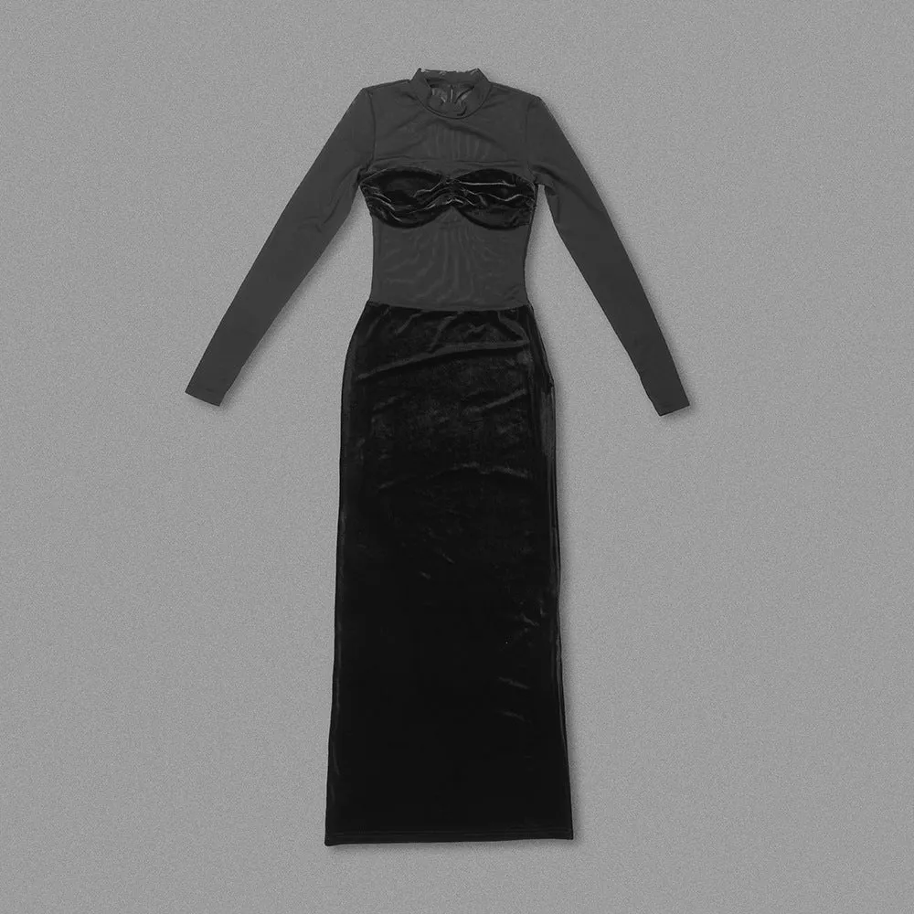 Black Long Sleeve Mesh Velvet Stitching Formal Dress