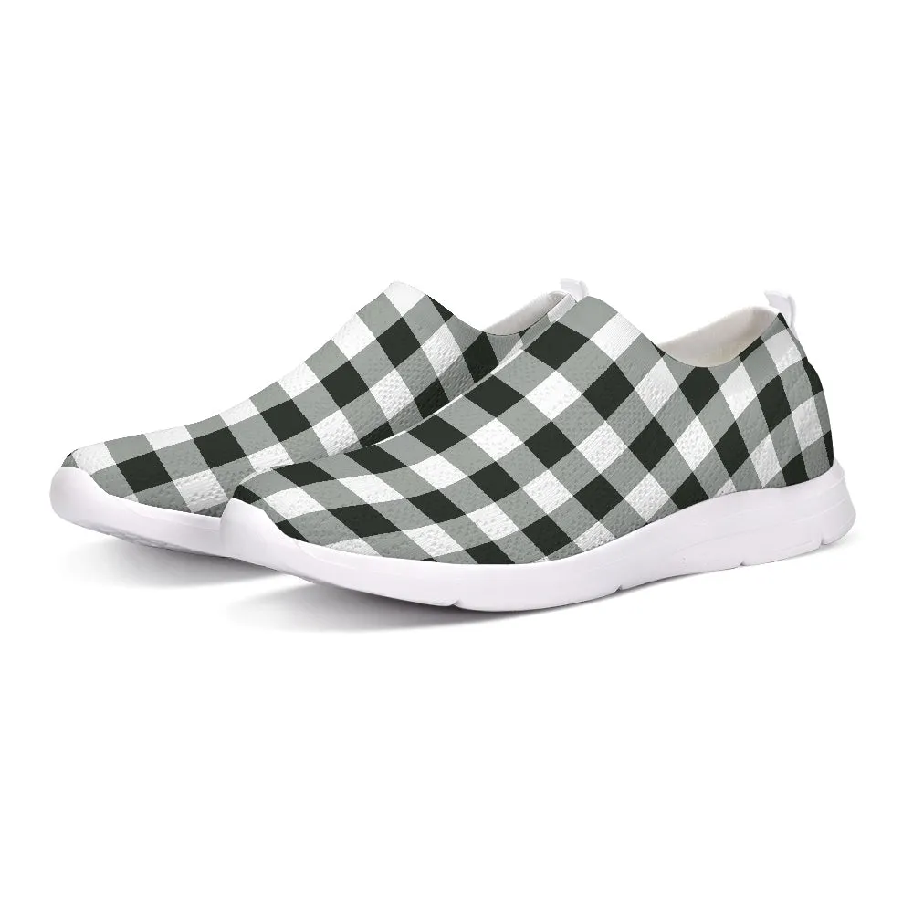 Black White Buffalo Plaid Slip On Shoes, Breathable Mesh Sneakers Canvas Men Women Male Ladies Check Custom Designer slip resistant Casual