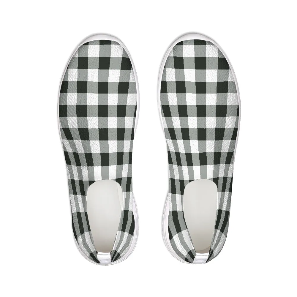 Black White Buffalo Plaid Slip On Shoes, Breathable Mesh Sneakers Canvas Men Women Male Ladies Check Custom Designer slip resistant Casual