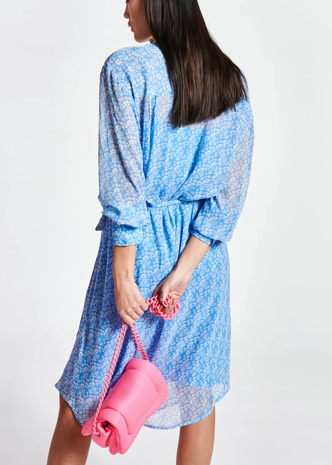 Blue floral-print midi shirt dress
