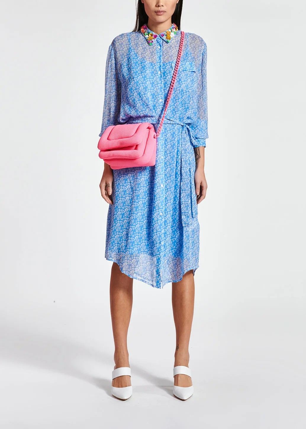 Blue floral-print midi shirt dress