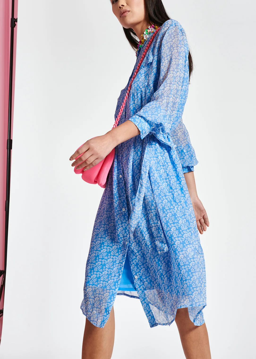 Blue floral-print midi shirt dress