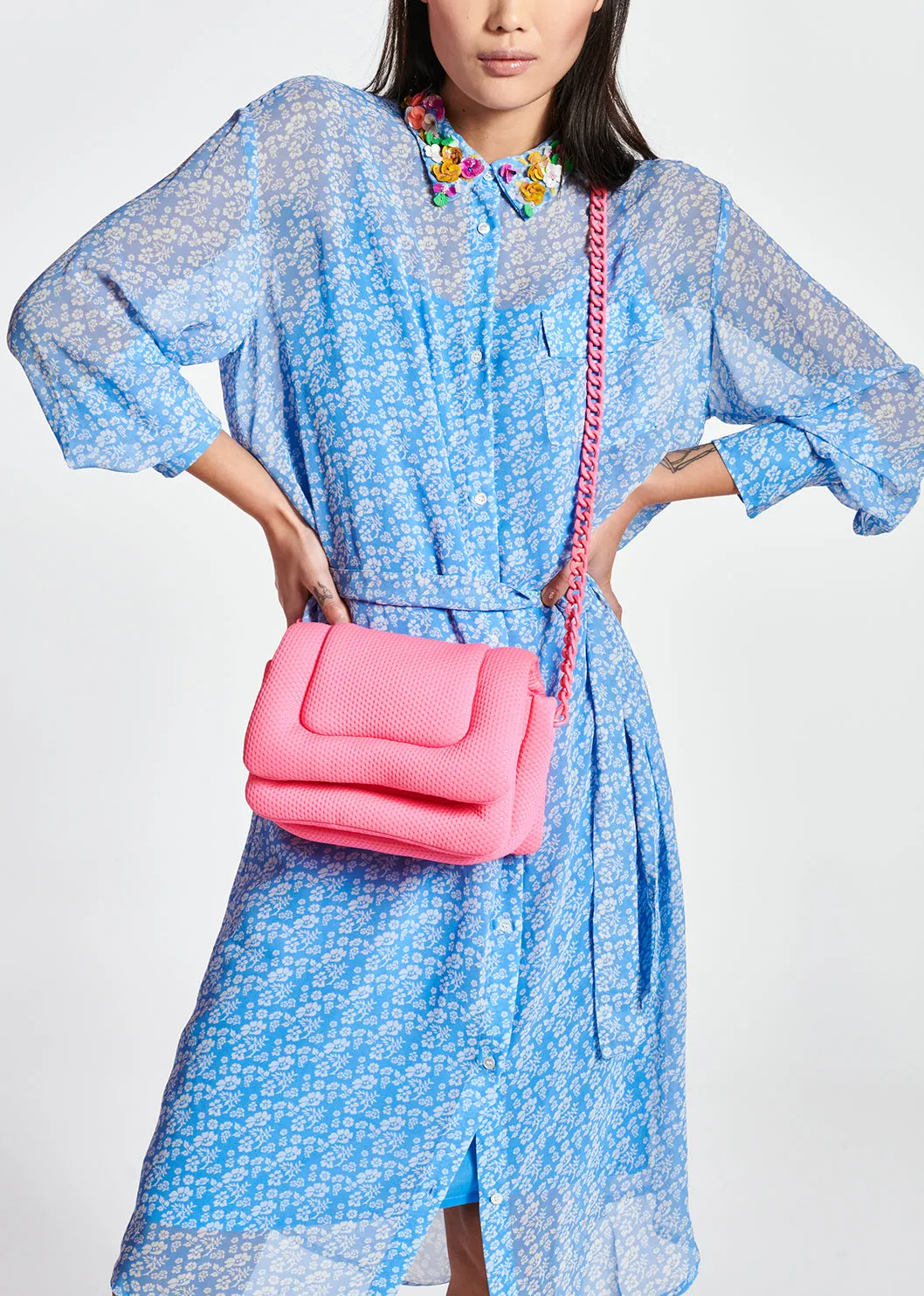 Blue floral-print midi shirt dress