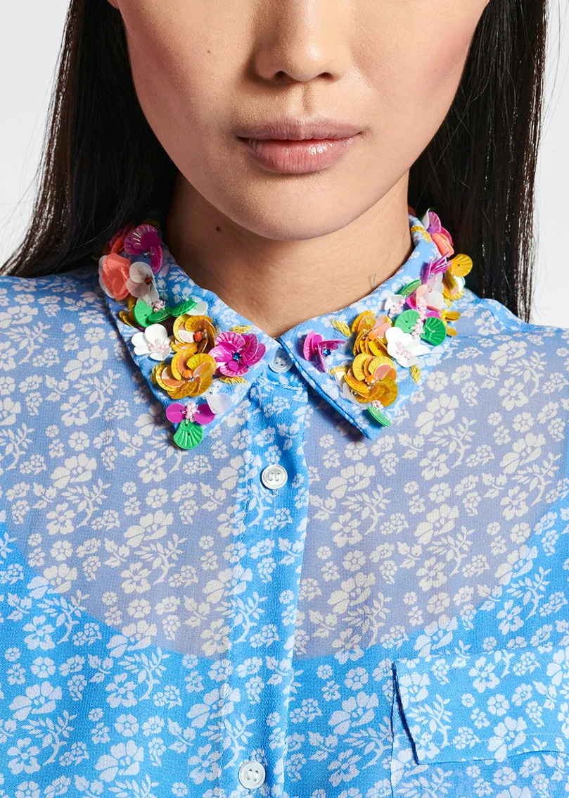 Blue floral-print midi shirt dress