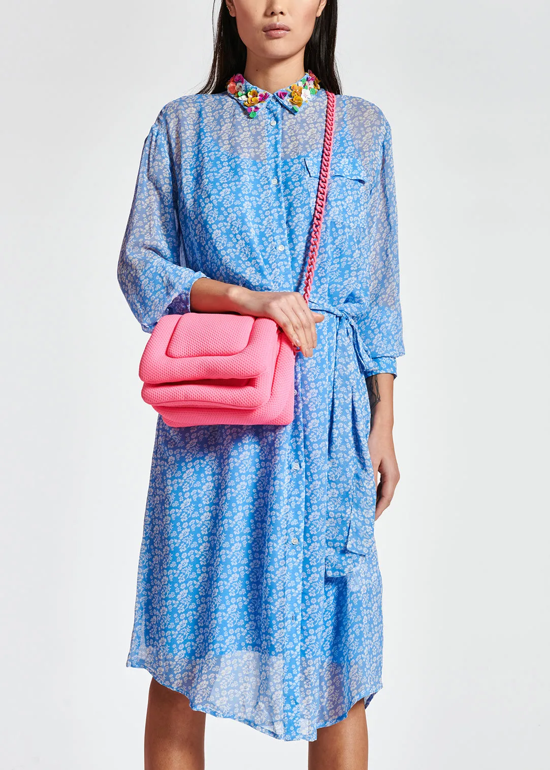 Blue floral-print midi shirt dress