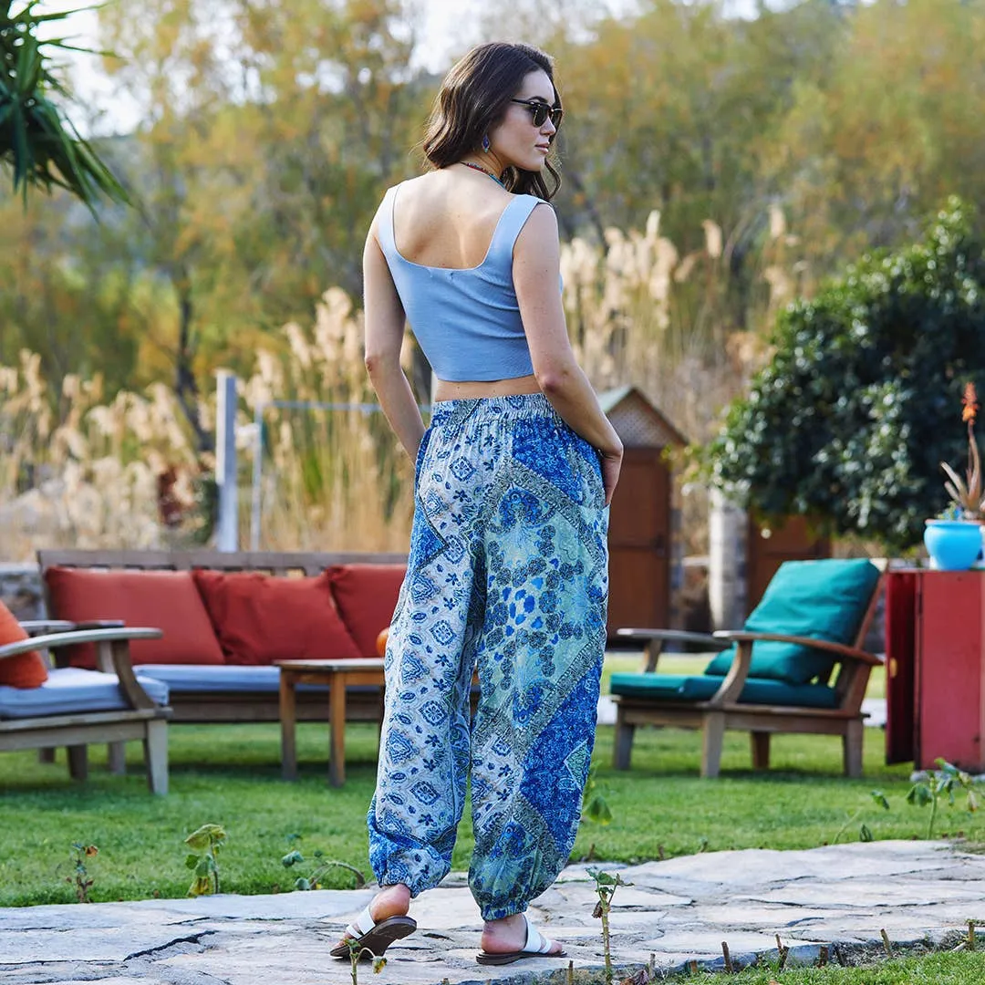 Blue Print Elastic Waist Bohemian Style Baggy Pants