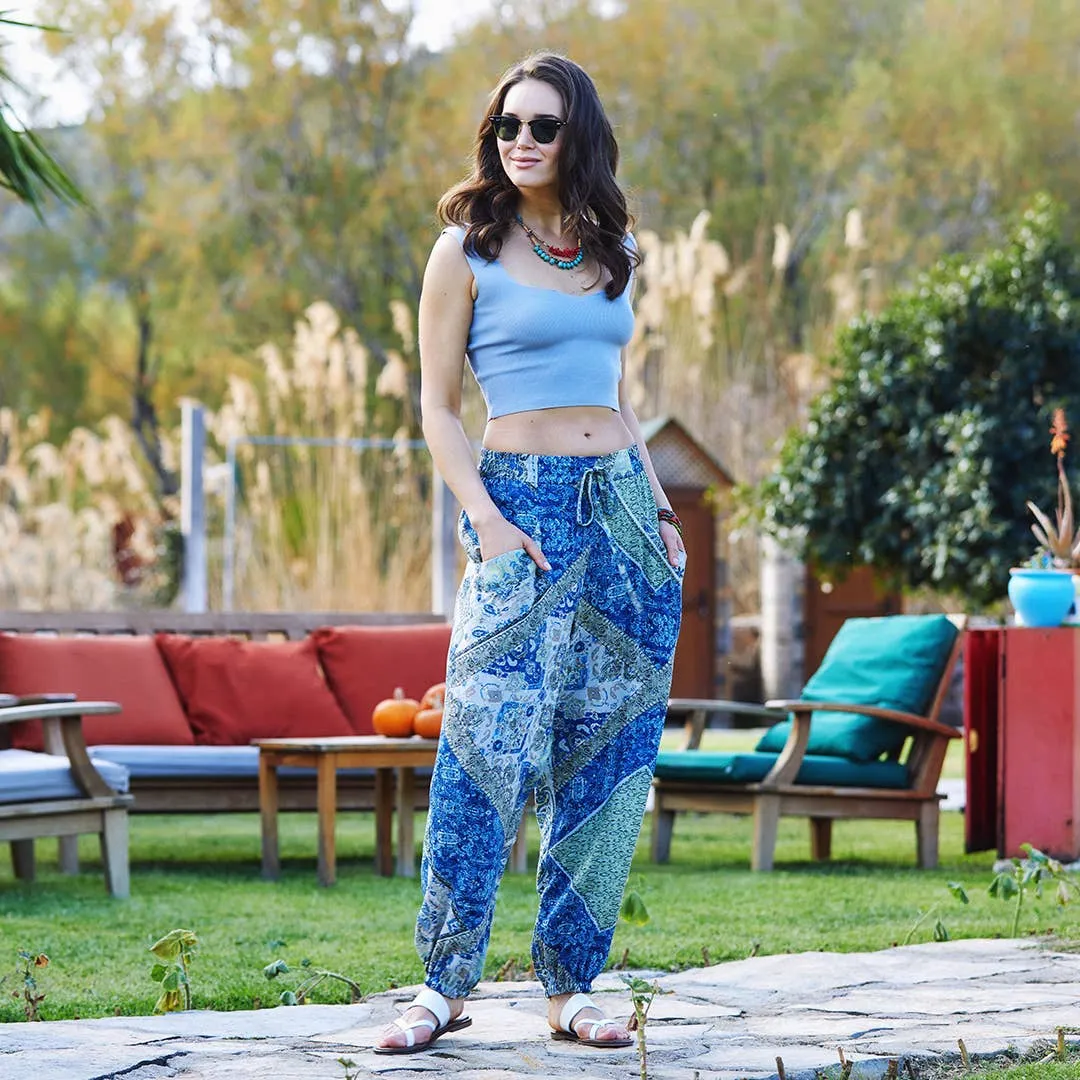 Blue Print Elastic Waist Bohemian Style Baggy Pants