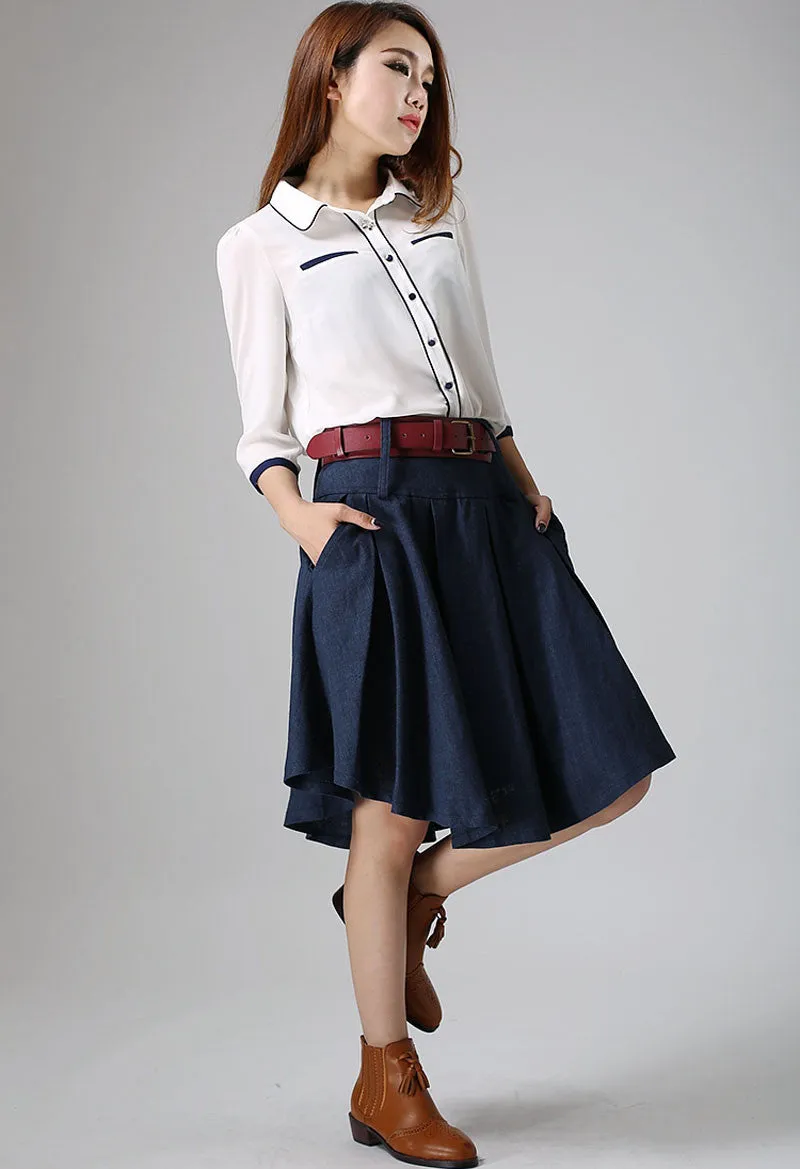 Blue skirt woman linen skirt midi skirt customa made pleated skirt 0906#