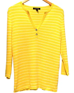 Bright Winter Yellow Stripe Split Neck Knit Top