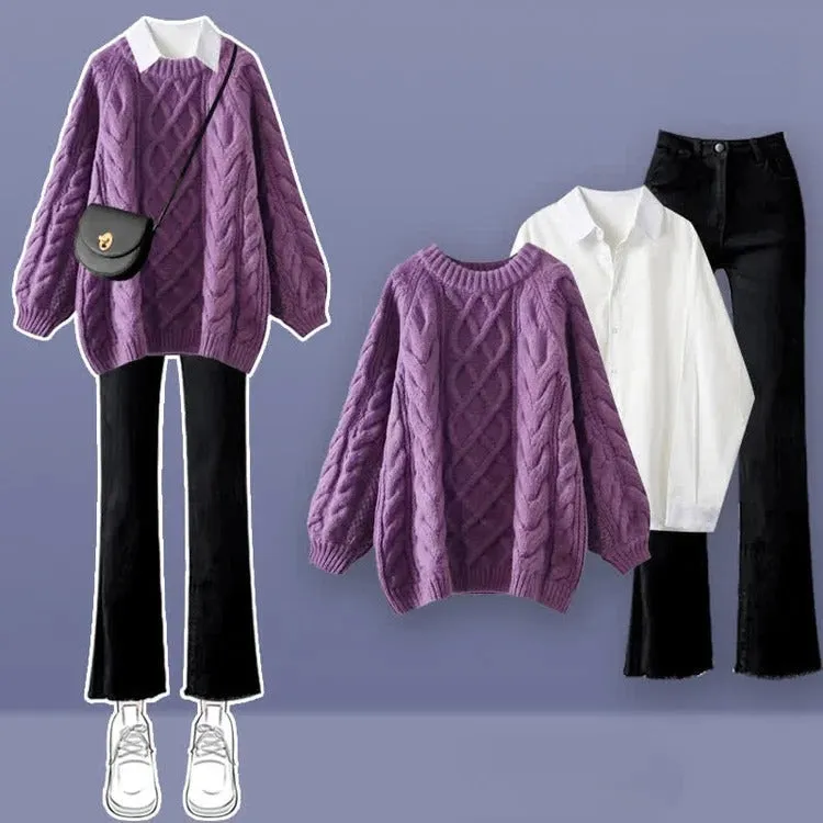 Cable Round Neck Knit Sweater Shirt Pants Three Piece Set