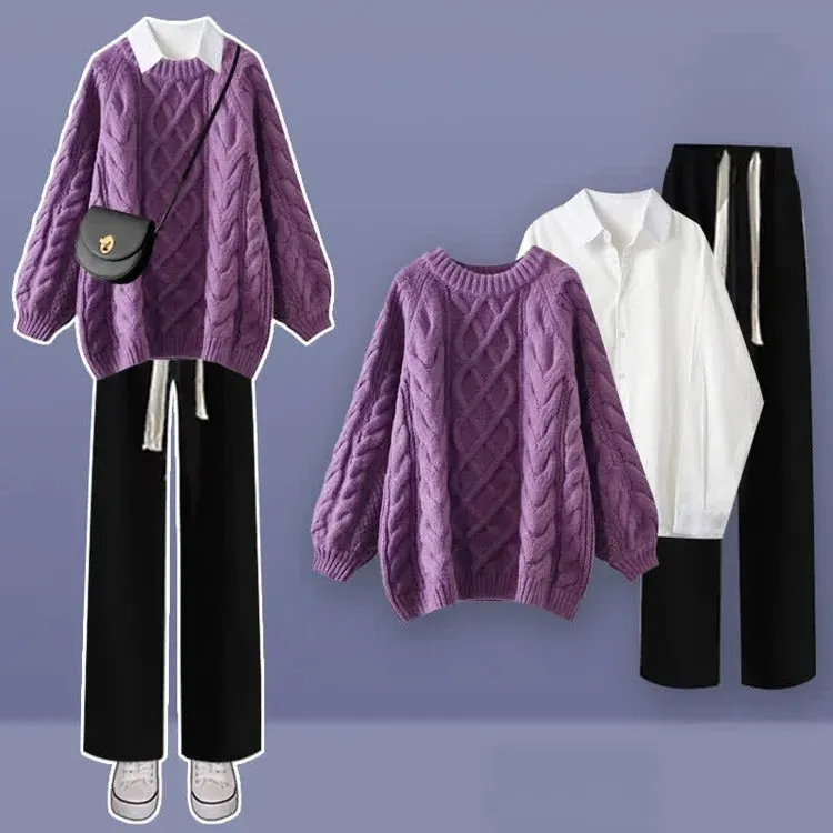 Cable Round Neck Knit Sweater Shirt Pants Three Piece Set