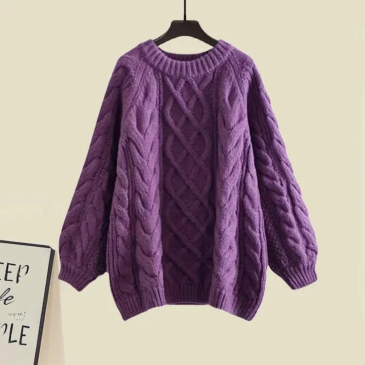 Cable Round Neck Knit Sweater Shirt Pants Three Piece Set