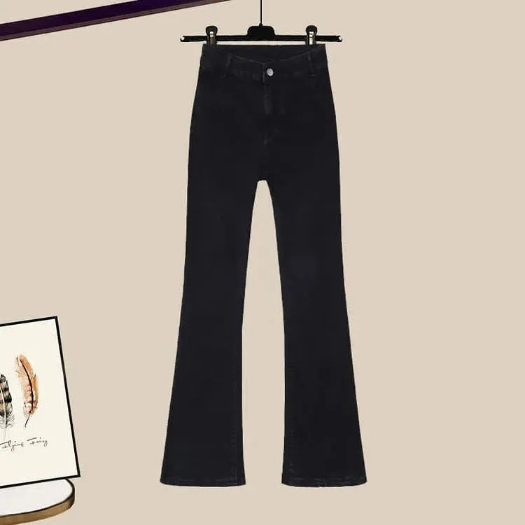 Cable Round Neck Knit Sweater Shirt Pants Three Piece Set
