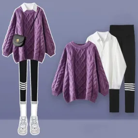 Cable Round Neck Knit Sweater Shirt Pants Three Piece Set