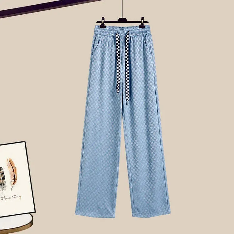 Cartoon Bear Print Casual T-Shirt Lattice Wide Leg Pants