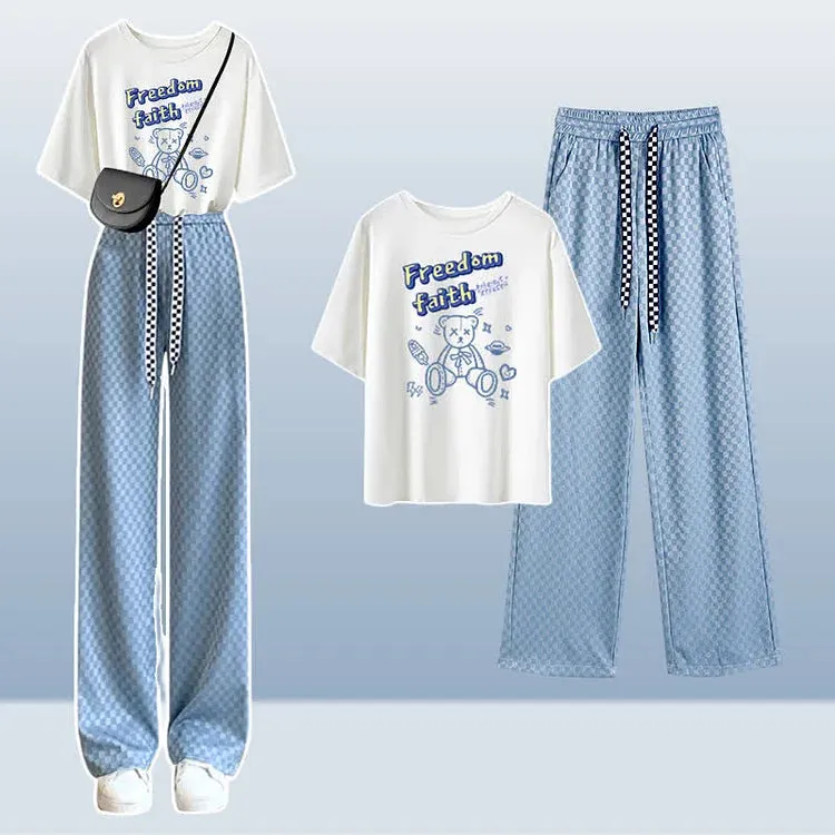 Cartoon Bear Print Casual T-Shirt Lattice Wide Leg Pants