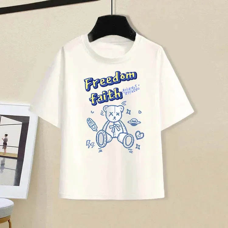 Cartoon Bear Print Casual T-Shirt Lattice Wide Leg Pants