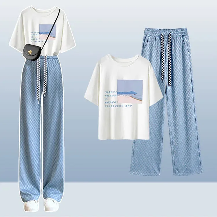 Cartoon Bear Print Casual T-Shirt Lattice Wide Leg Pants