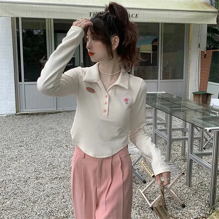 Chic Floral Embroidery Crop Top T-Shirt Casual Pants Two Piece Set