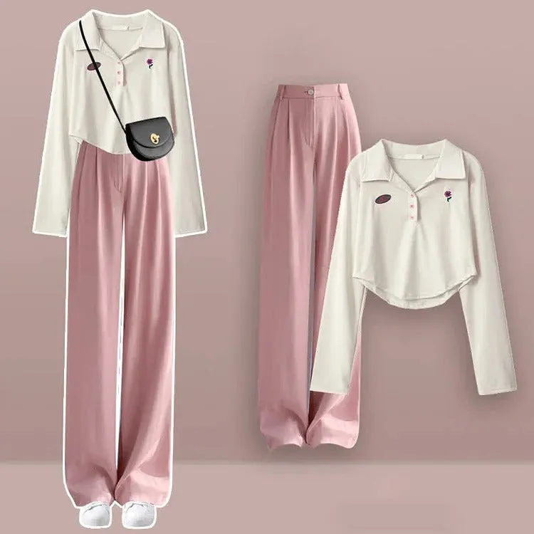 Chic Floral Embroidery Crop Top T-Shirt Casual Pants Two Piece Set