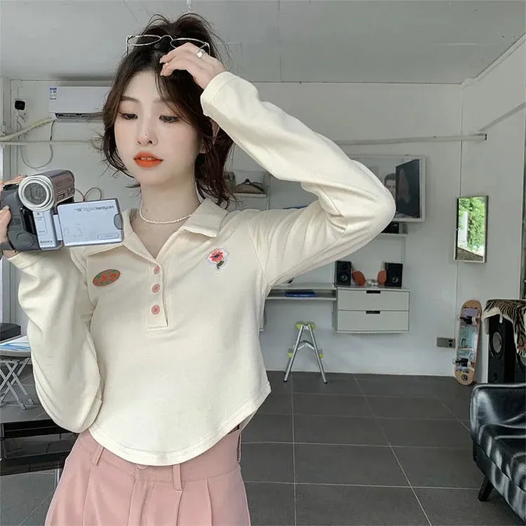 Chic Floral Embroidery Crop Top T-Shirt Casual Pants Two Piece Set