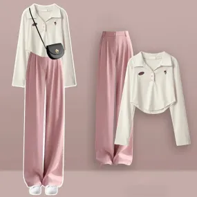 Chic Floral Embroidery Crop Top T-Shirt Casual Pants Two Piece Set