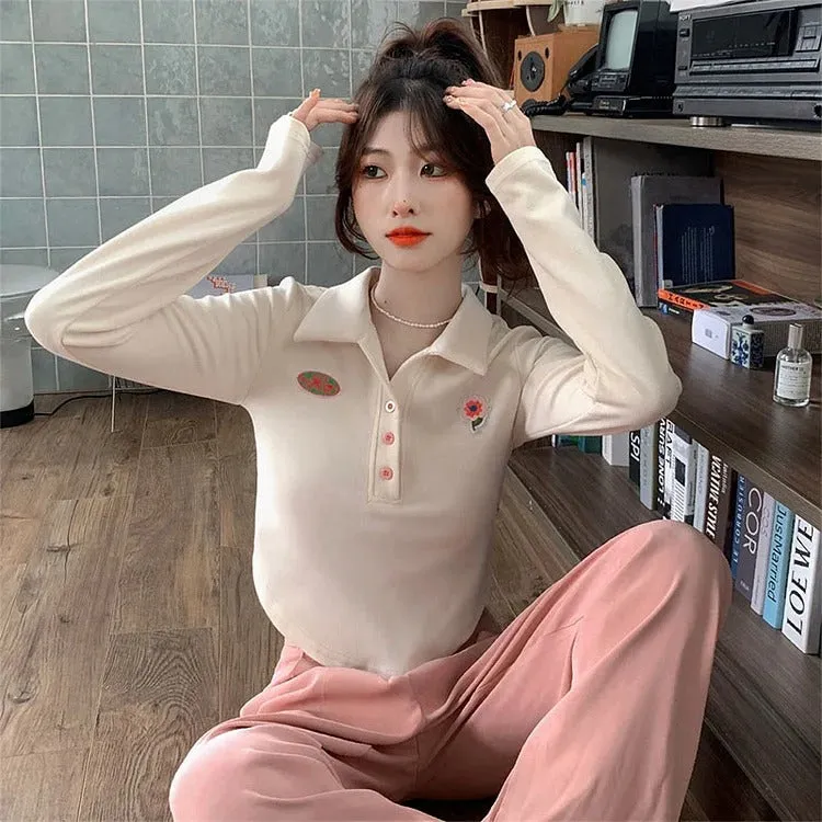 Chic Floral Embroidery Crop Top T-Shirt Casual Pants Two Piece Set