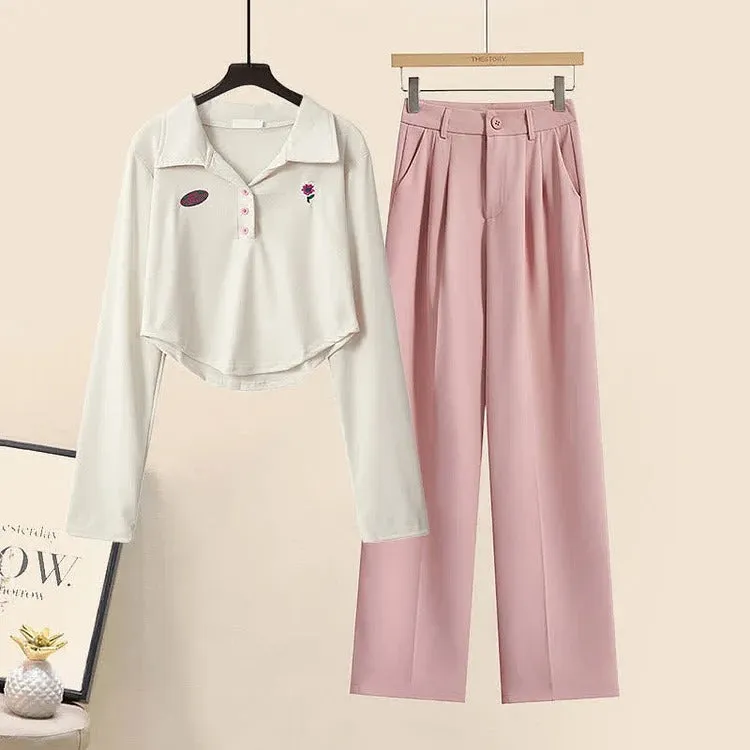 Chic Floral Embroidery Crop Top T-Shirt Casual Pants Two Piece Set