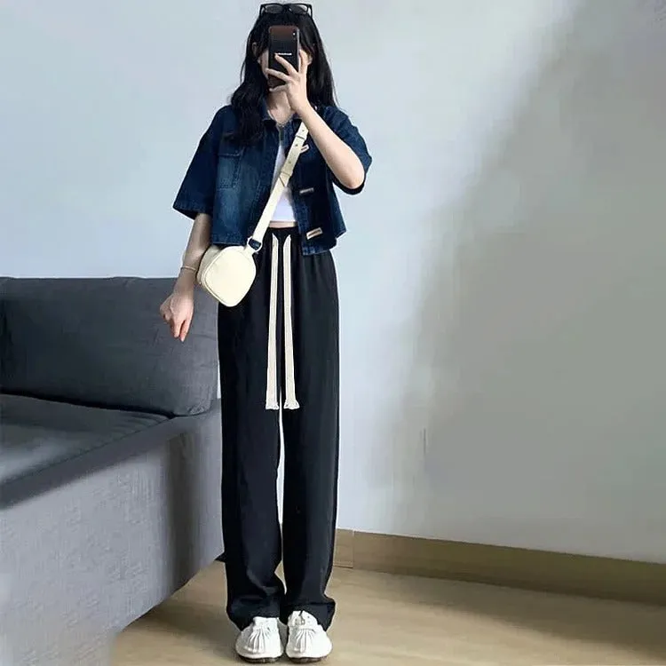 Chic Lapel Short Denim Shirt Drawstring Pants Two Piece Set