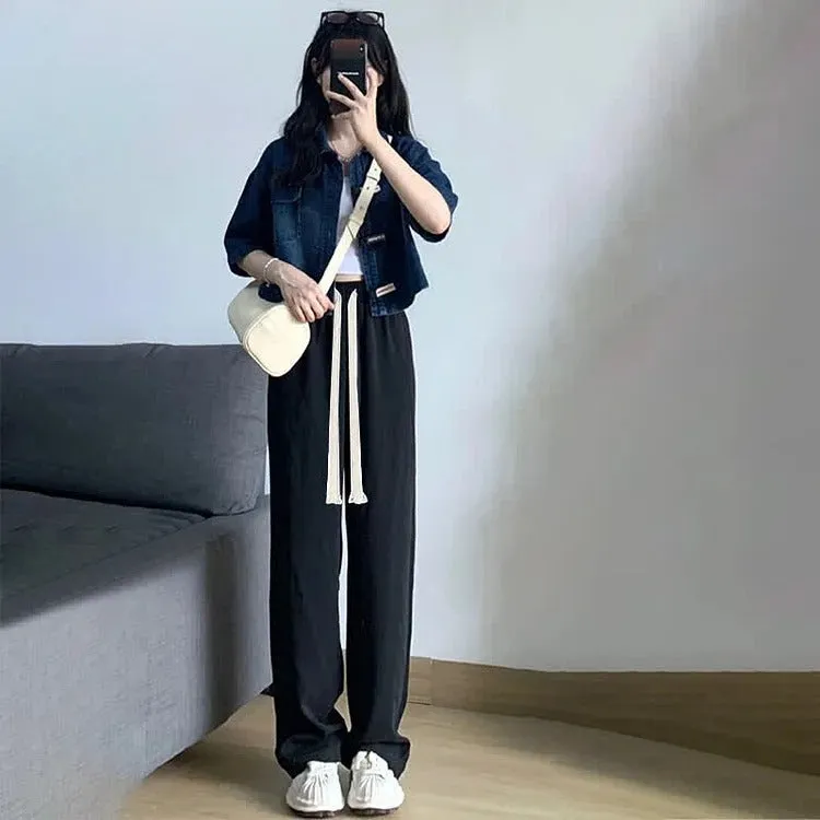 Chic Lapel Short Denim Shirt Drawstring Pants Two Piece Set