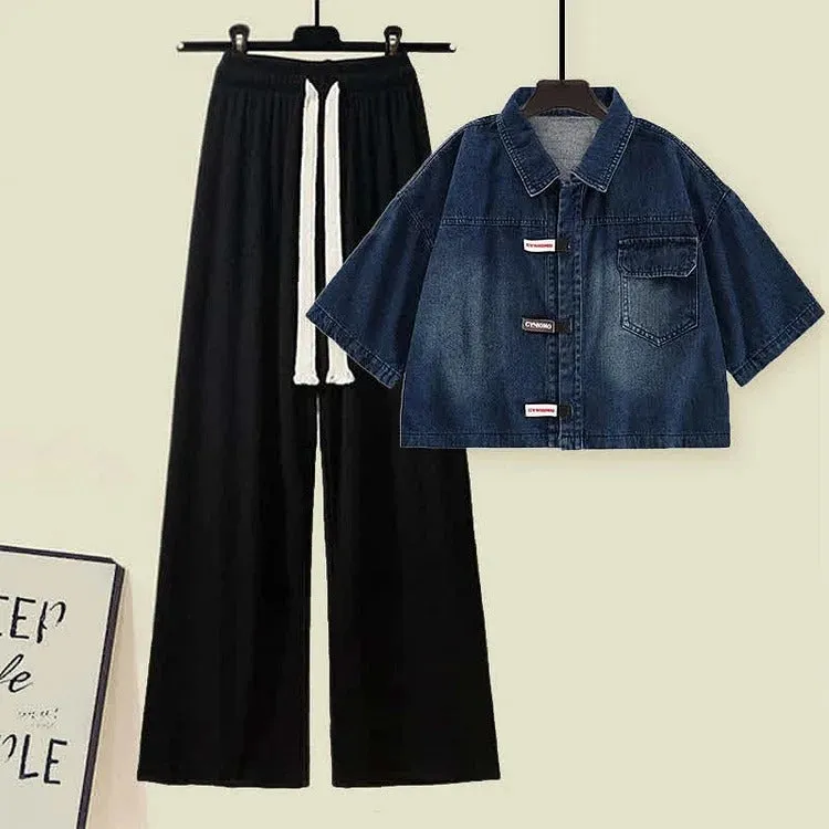 Chic Lapel Short Denim Shirt Drawstring Pants Two Piece Set